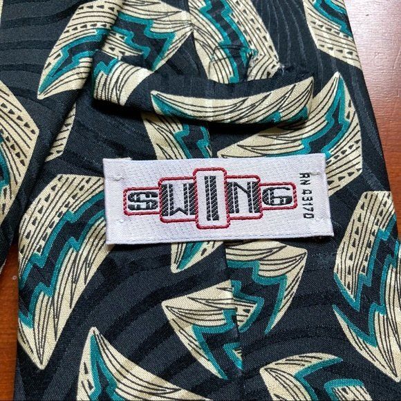 SWING Silk Vintage Bold Geometric Tie Black teal Beige 57 x 4 inches - Picture 5 of 8